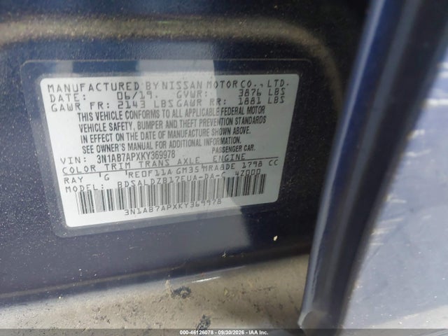 Продаж на аукціоні авто 2019 Nissan Sentra Sv, vin: 3N1AB7APXKY369978, номер лоту: 46126078