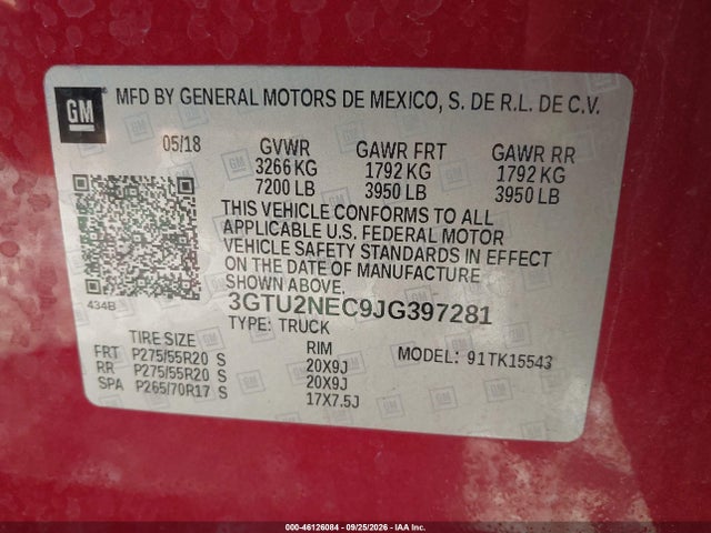 Aukcja sprzedaży 2018 Gmc Sierra 1500 Slt, vin: 3GTU2NEC9JG397281, numer aukcji: 46126084