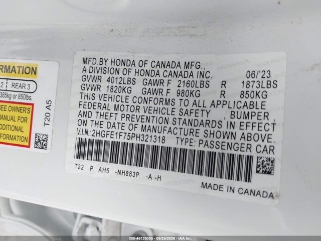 2HGFE1F75PH321318 Honda Civic Ex/ex W/o Bsi