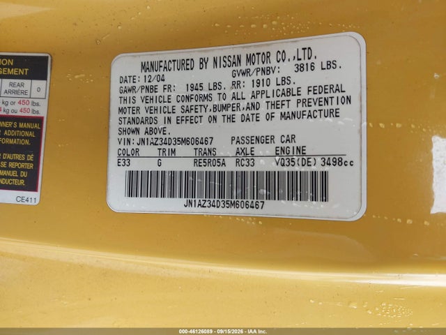 Продажа на аукционе авто 2005 Nissan 350z Anniversary Edition, vin: JN1AZ34D35M606467, номер лота: 46126089