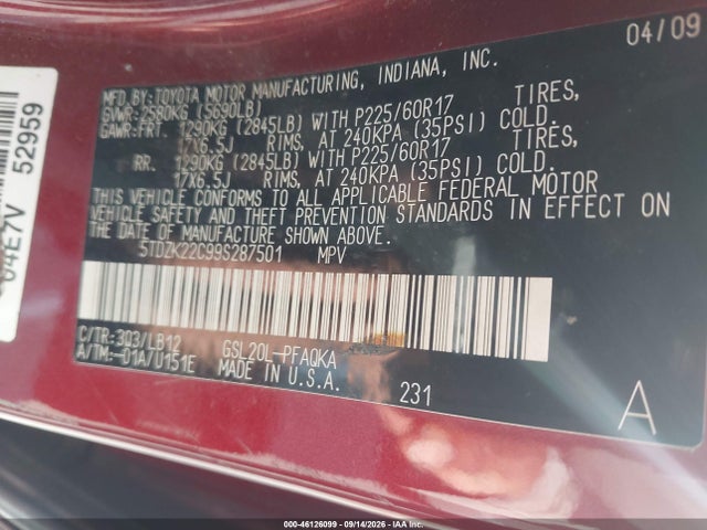 Продаж на аукціоні авто 2009 Toyota Sienna Xle, vin: 5TDZK22C99S287501, номер лоту: 46126099