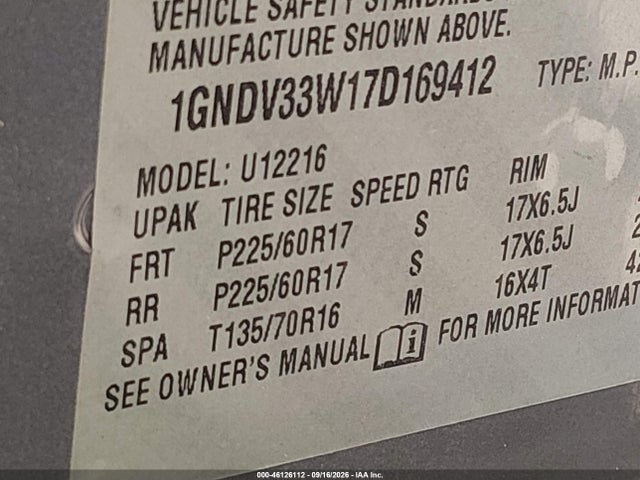 46126112 :رقم المزاد ، 1GNDV33W17D169412 vin ، 2007 Chevrolet Uplander Lt مزاد بيع
