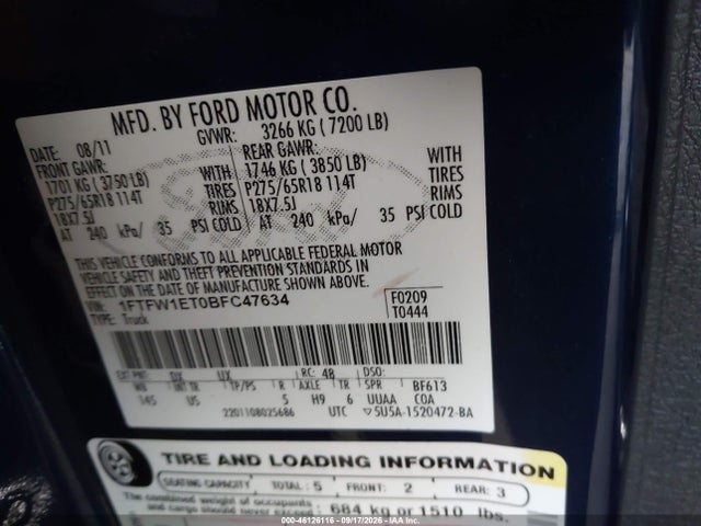 46126116 :رقم المزاد ، 1FTFW1ET0BFC47634 vin ، 2011 Ford F-150 Xlt مزاد بيع