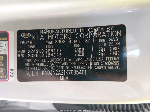 46126120 :رقم المزاد ، KNDJN2A21K7685461 vin ، 2019 Kia Soul مزاد بيع