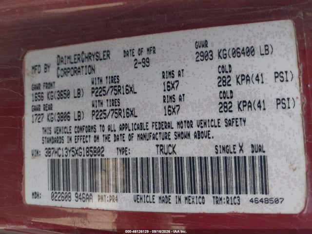 Aukcja sprzedaży 1999 Dodge Ram 1500 St, vin: 3B7HC13Y5XG185802, numer aukcji: 46126129