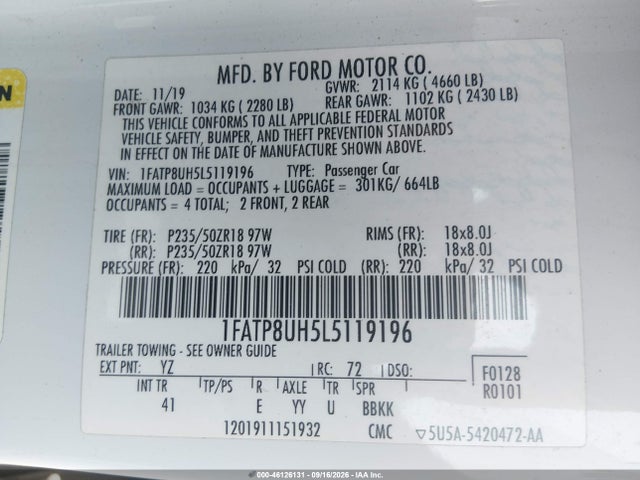 Продажа на аукционе авто 2020 Ford Mustang Ecoboost Premium, vin: 1FATP8UH5L5119196, номер лота: 46126131