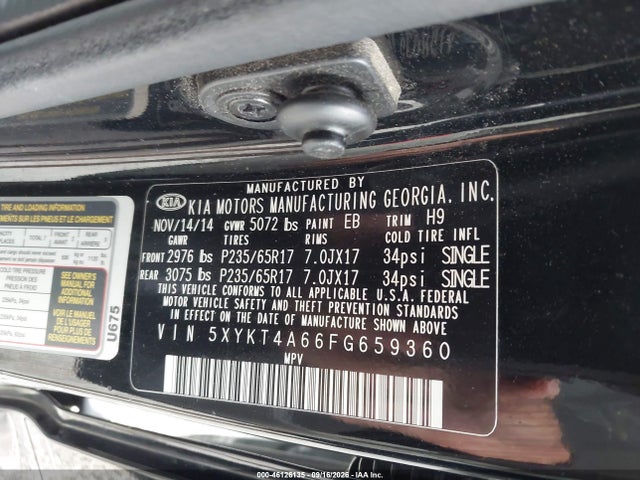 46126135 :رقم المزاد ، 5XYKT4A66FG659360 vin ، 2015 Kia Sorento Lx مزاد بيع