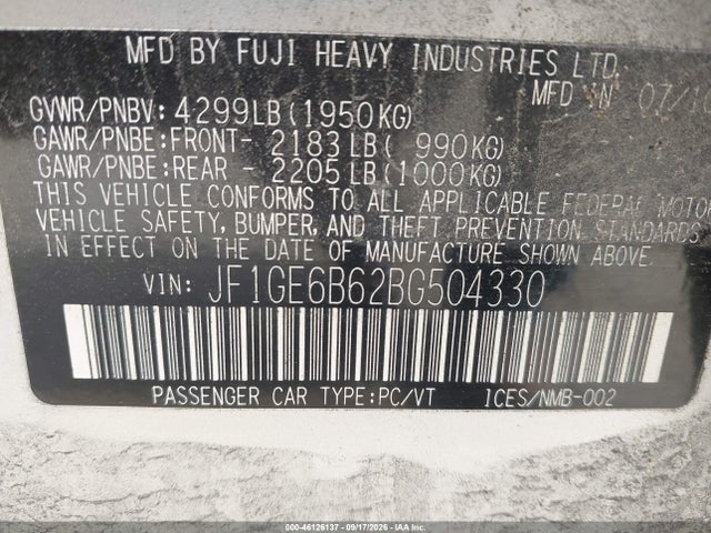 46126137 :رقم المزاد ، JF1GE6B62BG504330 vin ، 2011 Subaru Impreza 2.5i Premium مزاد بيع