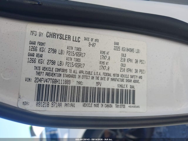46126143 :رقم المزاد ، 2D4FV47T68H111889 vin ، 2008 Dodge Magnum مزاد بيع