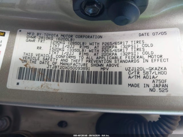 46126149 :رقم المزاد ، JTJBT20X050093891 vin ، 2005 Lexus Gx 470 مزاد بيع