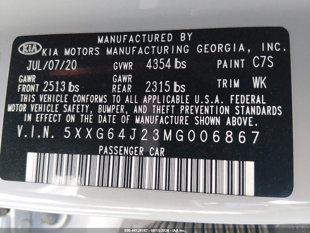 2021 Kia K5 Gt-line მანქანა იყიდება აუქციონზე, vin: 5XXG64J23MG006867, აუქციონის ნომერი: 46126167