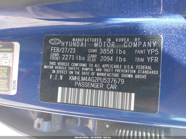 46126168 :رقم المزاد ، KMHLM4AG2PU537679 vin ، 2023 Hyundai Elantra Sel مزاد بيع