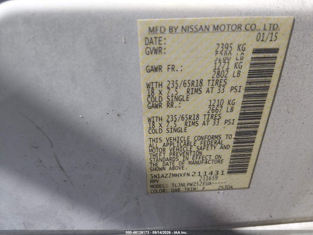 Продаж на аукціоні авто 2015 Nissan Murano S, vin: 5N1AZ2MHXFN211431, номер лоту: 46126173