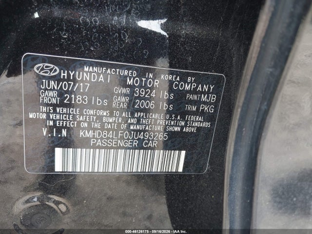 2018 Hyundai Elantra Sel მანქანა იყიდება აუქციონზე, vin: KMHD84LF0JU493265, აუქციონის ნომერი: 46126175