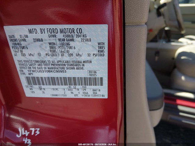 Продаж на аукціоні авто 2008 Ford Escape Xlt, vin: 1FMCU03108KC90953, номер лоту: 46126176