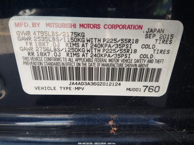Aukcja sprzedaży 2016 Mitsubishi Outlander Se/sel, vin: JA4AD3A36GZ012124, numer aukcji: 46126180