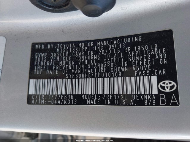 Продажа на аукционе авто 2014 Toyota Corolla Le Plus, vin: 5YFBURHE4EP010108, номер лота: 46126184