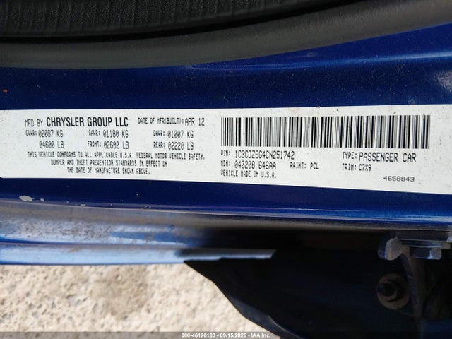 Auction sale of the 2012 Dodge Avenger Sxt Plus, vin: 1C3CDZEG4CN251742, lot number: 46126183