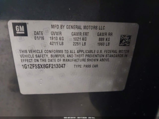 46126191 :رقم المزاد ، 1G1ZF5SX8GF213047 vin ، 2016 Chevrolet Malibu 2lt مزاد بيع