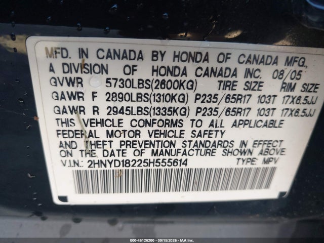 46126200 :رقم المزاد ، 2HNYD18225H555614 vin ، 2005 Acura Mdx مزاد بيع