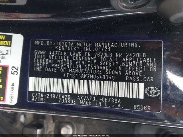 Auction sale of the 2021 Toyota Camry Se, vin: 4T1G11AK7MU549349, lot number: 46126204
