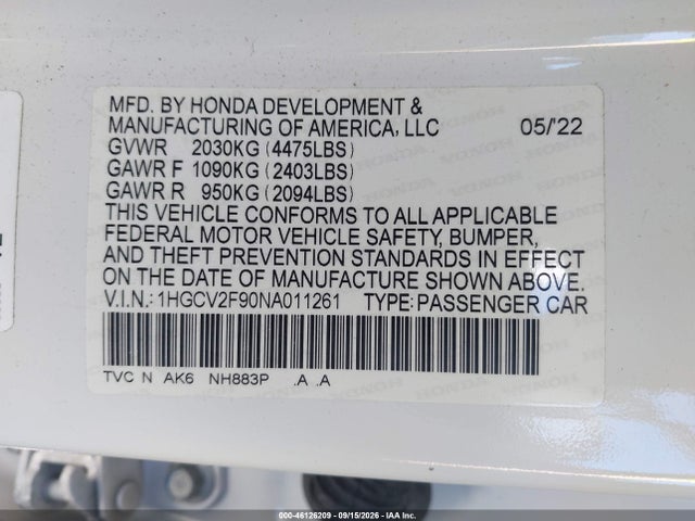 2022 Honda Accord Touring მანქანა იყიდება აუქციონზე, vin: 1HGCV2F90NA011261, აუქციონის ნომერი: 46126209