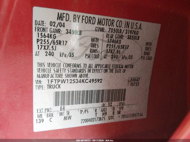 Aukcja sprzedaży 2004 Ford F-150 Lariat/xlt, vin: 1FTPW12534KC49592, numer aukcji: 46126223