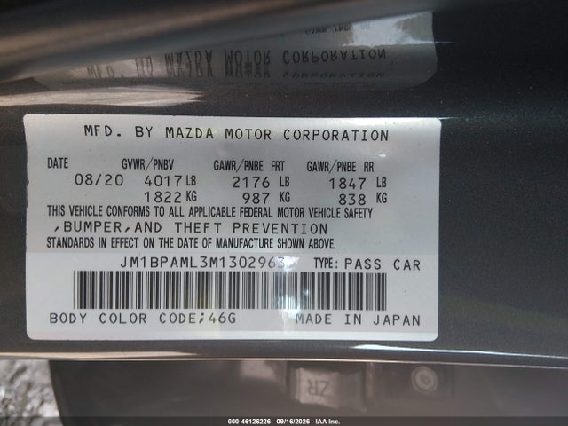 Aukcja sprzedaży 2021 Mazda Mazda3 Premium, vin: JM1BPAML3M1302963, numer aukcji: 46126226