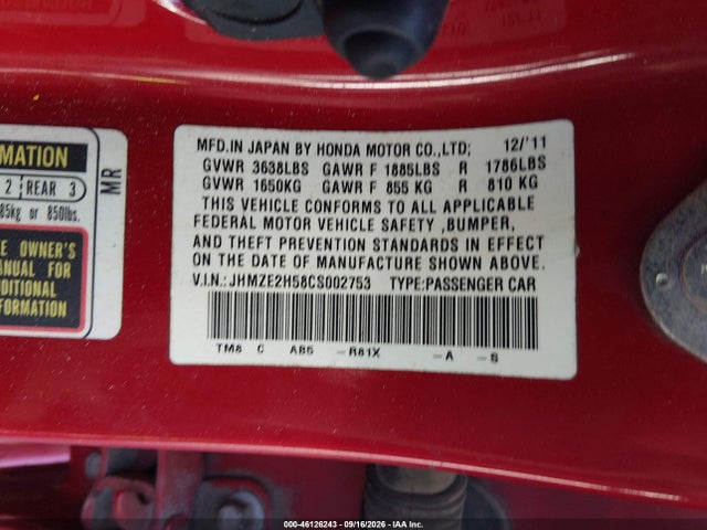 2012 Honda Insight Lx მანქანა იყიდება აუქციონზე, vin: JHMZE2H58CS002753, აუქციონის ნომერი: 46126243