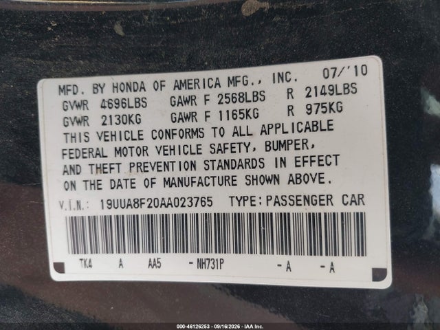 Aukcja sprzedaży 2010 Acura Tl 3.5, vin: 19UUA8F20AA023765, numer aukcji: 46126253