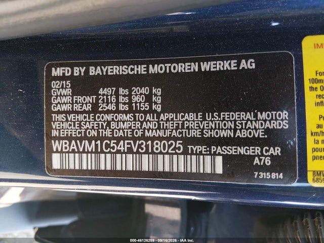 Aukcja sprzedaży 2015 Bmw X1 Sdrive28i, vin: WBAVM1C54FV318025, numer aukcji: 46126259