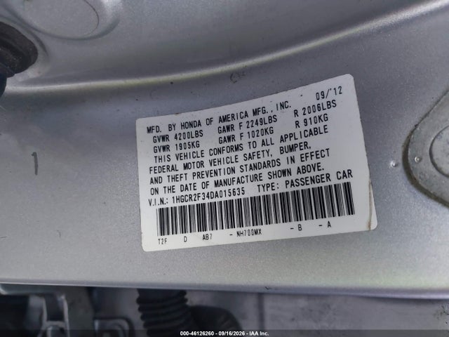 46126260 :رقم المزاد ، 1HGCR2F34DA015635 vin ، 2013 Honda Accord Lx مزاد بيع