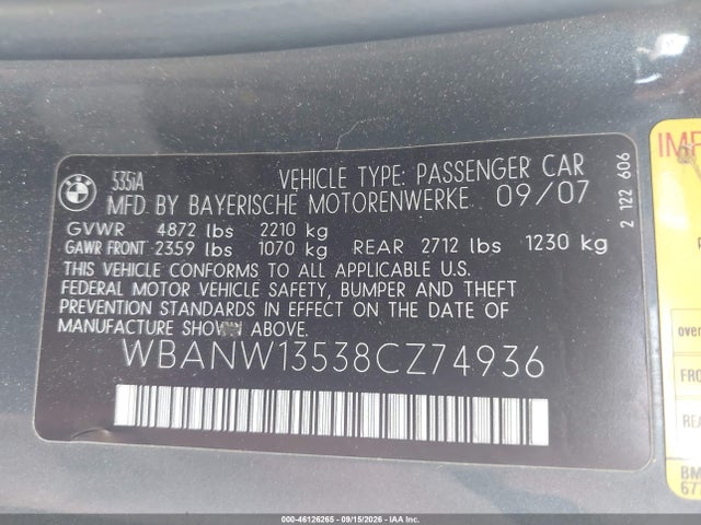 46126265 :رقم المزاد ، WBANW13538CZ74936 vin ، 2008 Bmw 535i مزاد بيع