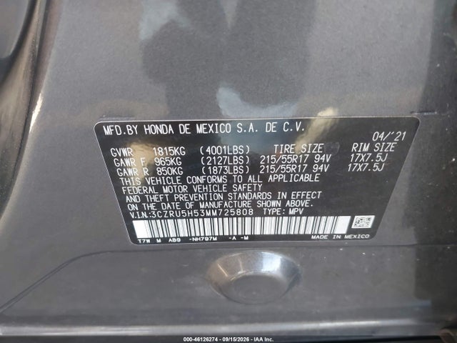 3CZRU5H53MM725808 Honda Hr-v 2wd Ex