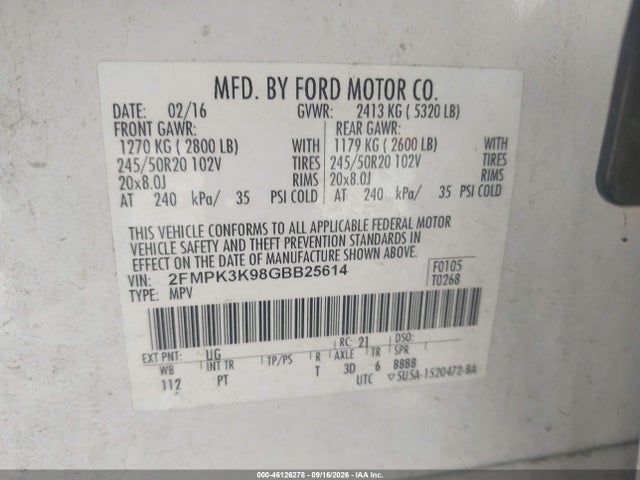 Продажа на аукционе авто 2016 Ford Edge Titanium, vin: 2FMPK3K98GBB25614, номер лота: 46126278