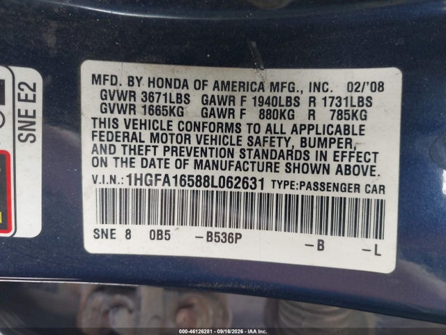 46126281 :رقم المزاد ، 1HGFA16588L062631 vin ، 2008 Honda Civic Lx مزاد بيع