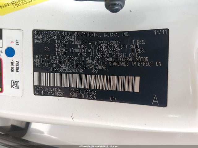 46126286 :رقم المزاد ، 5TDKK3DC3CS203748 vin ، 2012 Toyota Sienna Le V6 8 Passenger مزاد بيع