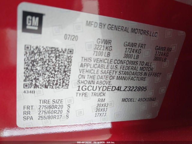 Продажа на аукционе авто 2020 Chevrolet Silverado 1500 4wd  Short Bed Lt, vin: 1GCUYDED4LZ322895, номер лота: 46126285