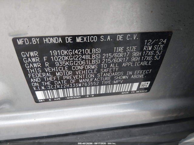 Aukcja sprzedaży 2025 Honda Hr-v Awd Lx, vin: 3CZRZ2H33SM763552, numer aukcji: 46126298