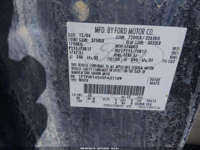 Продаж на аукціоні авто 2005 Ford F-150 Fx4/lariat/xlt, vin: 1FTPW14545FA51109, номер лоту: 46126316