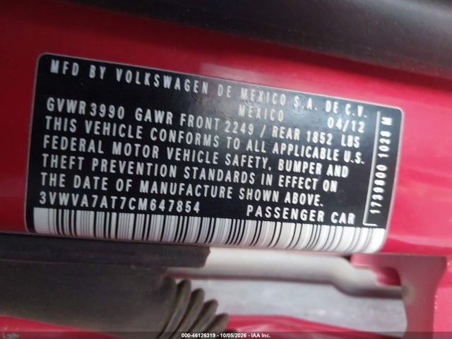 Продаж на аукціоні авто 2012 Volkswagen Beetle 2.0t Turbo, vin: 3VWVA7AT7CM647854, номер лоту: 46126319