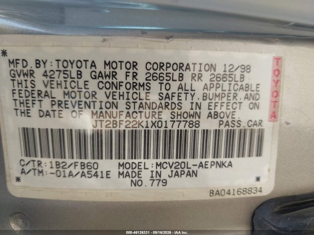 1999 Toyota Camry Le V6 მანქანა იყიდება აუქციონზე, vin: JT2BF22K1X0177788, აუქციონის ნომერი: 46126331