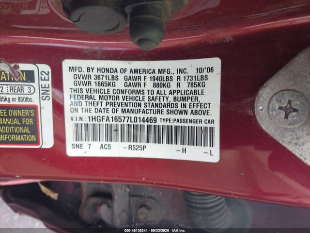 Aukcja sprzedaży 2007 Honda Civic Lx, vin: 1HGFA16577L014469, numer aukcji: 46126341