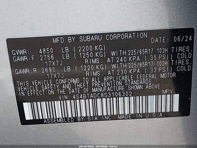 46126342 :رقم المزاد ، 4S4BTADC8S3106302 vin ، 2025 Subaru Outback Premium مزاد بيع
