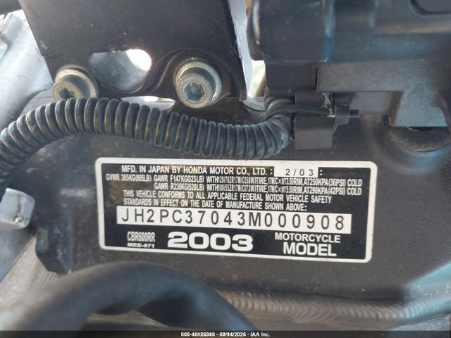 Aukcja sprzedaży 2003 Honda Cbr600 Rr, vin: JH2PC37043M000908, numer aukcji: 46126343