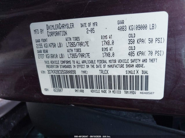 46126347 :رقم المزاد ، 3D7KR28C65G800898 vin ، 2005 Dodge Ram 2500 St/slt مزاد بيع