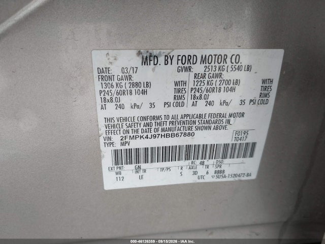 Продаж на аукціоні авто 2017 Ford Edge Sel, vin: 2FMPK4J97HBB67880, номер лоту: 46126359