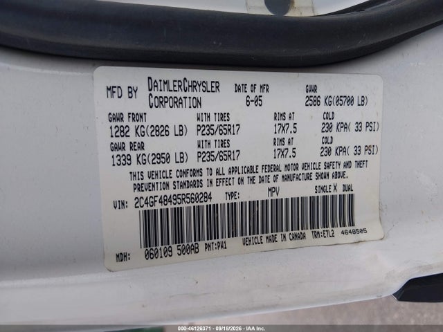 46126371 :رقم المزاد ، 2C4GF48495R560284 vin ، 2005 Chrysler Pacifica مزاد بيع