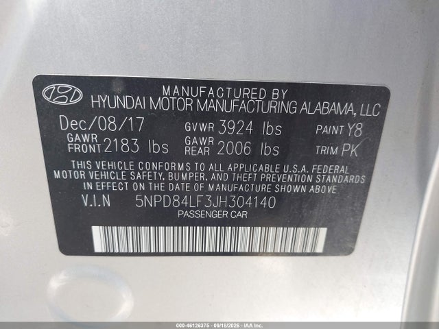 46126375 :رقم المزاد ، 5NPD84LF3JH304140 vin ، 2018 Hyundai Elantra Sel مزاد بيع