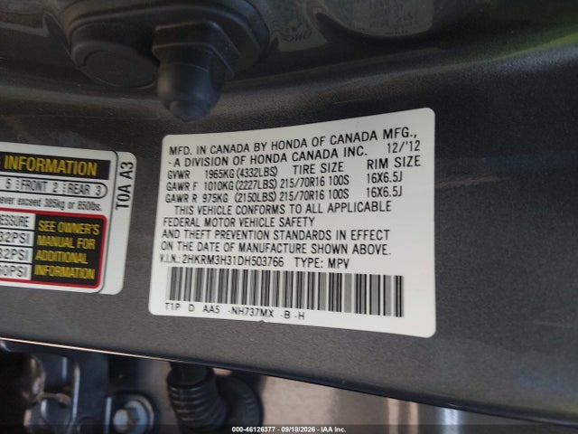 Продаж на аукціоні авто 2013 Honda Cr-v Lx, vin: 2HKRM3H31DH503766, номер лоту: 46126377